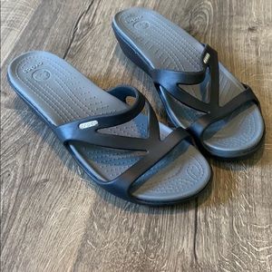 Black Croc short wedge slide sandals